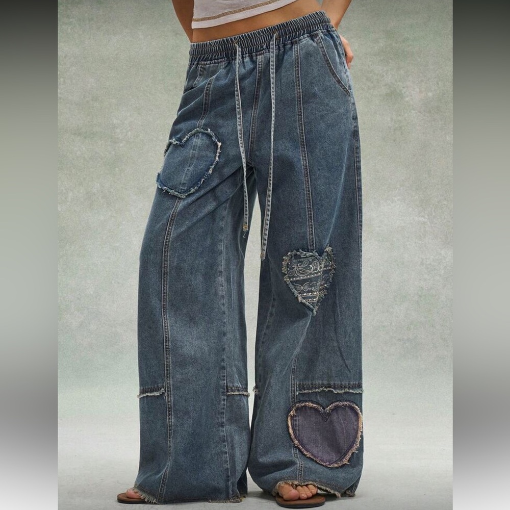 Wide Leg Heart Patch Denim Pants - Blue